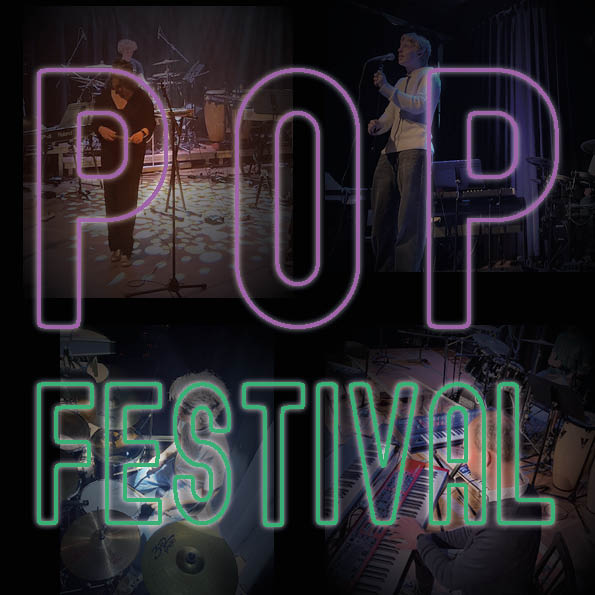 Paarse ne groene neon letter 'Popfestival' over foto's van popband optredens