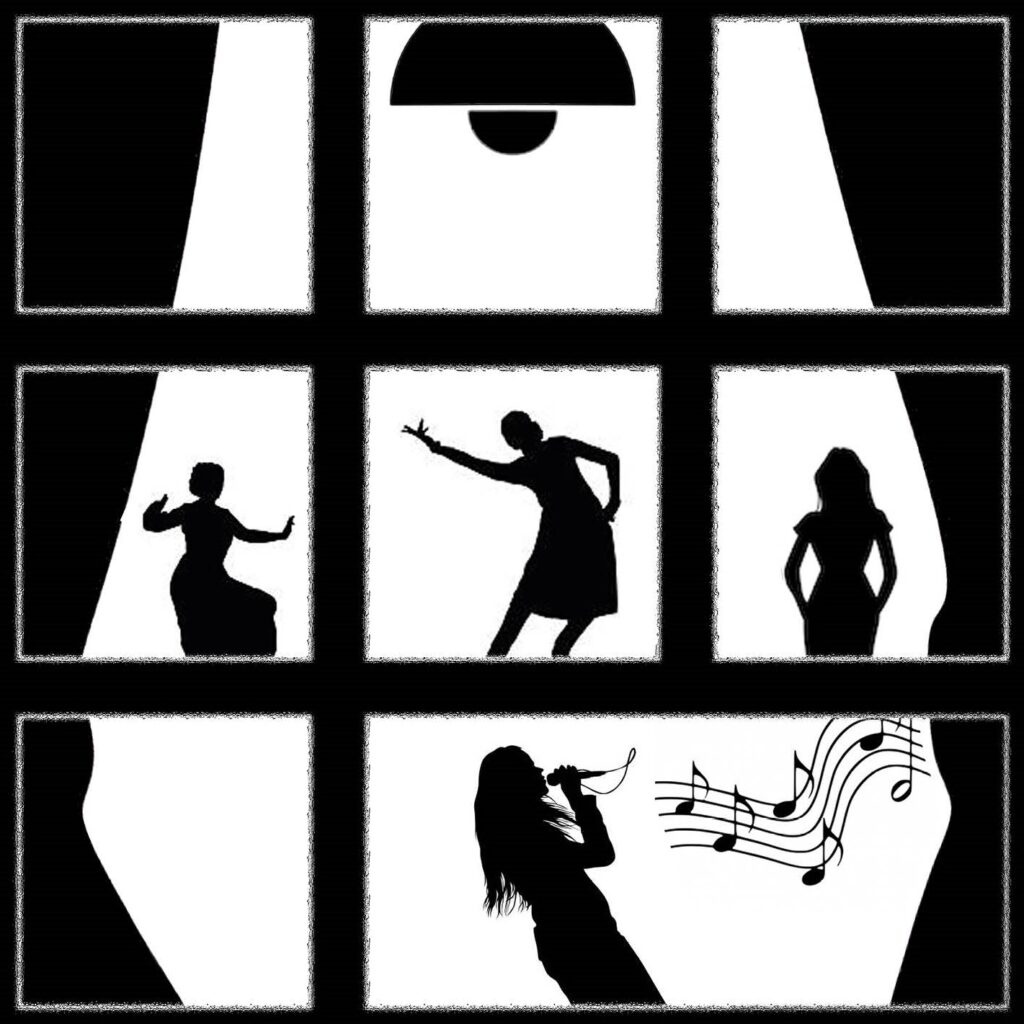 een vierkant van ramen zwarte schaduwen van performers op een witte achtergrond