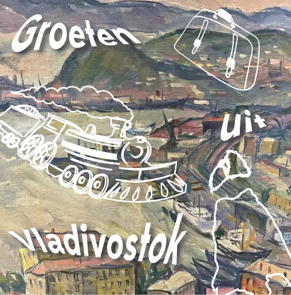 expressionistisch schilderij van Vladivostok met daarover lijntekeingen van vervormde koffers, een stoomstrein en een bontjas