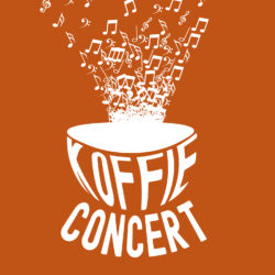 witte koffie kop, gevormd door de woorden koffie concert, op een warm oranje achtergrond, uit de kop stijgen muzieknoten naarboven