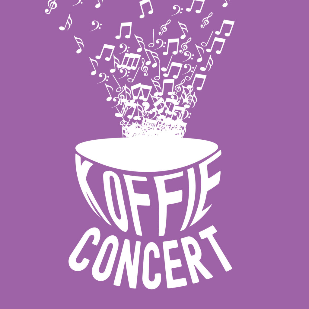 witte koffie kop, gevormd door de woorden koffie concert, op een paarse achtergrond, uit de kop stijgen muzieknoten naarboven