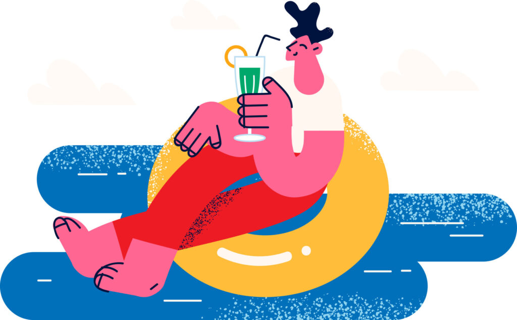 illustratie met felle kleuren, persoon zit in opblaasbare band op het water en drinkt een cocktail