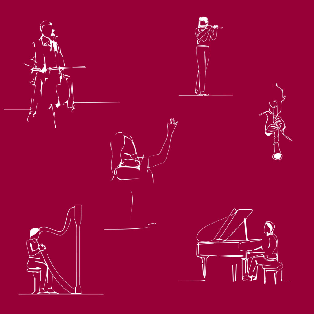in witte lijnen zijn een cellist, dwarsfluitist, zangeres, hoboist, harpist en pianist getekend op een bordeaux rode achtergrond